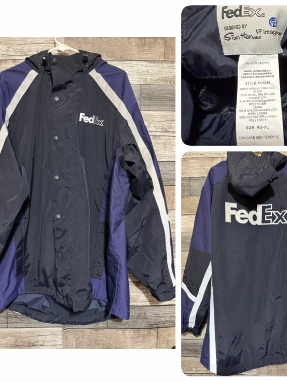 VTG FedEx Full Zip Hooded Jacket Men’s Size XL Reg Black Purple Reflective